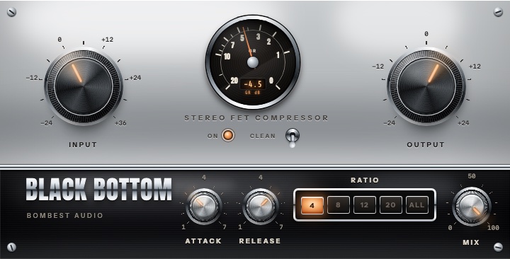 The Black Bottom plugin window: INPUT and OUTPUT knobs either side of a gain reduction meter, with ATTACK, RELEASE, RATIO buttons 4, 8, 12, 20 and ALL, and MIX along the bottom.